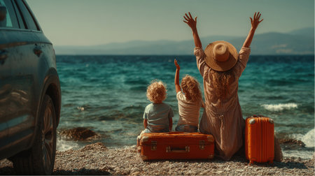 A Mother and two young children sit on vintage luggage on a shingle beach in Greece. They are raising their arms in the air, celebrating their vacation after a road trip. The ocean is behind them.の素材