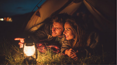 A young couple is lying inside of a tent at night. The man is pointing outside. An oil lantern illuminates their faces as they look towards the starry sky.の素材