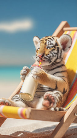 A cute tiger cub sits comfortably on a striped beach chair, holding and drinking milk from a bottle with a straw. The cub is enjoying a sunny day at the beach with the blue ocean in the background.の素材