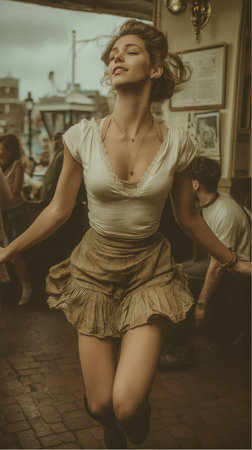 A woman dances freely with her eyes closed at a cafe. Her hair is in a loose bun and she wears a white shirt and short patterned skirt. There are people seated in the background.の素材