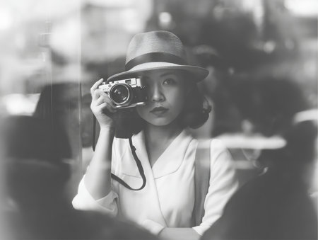 An Asian woman wearing a hat and white shirt holds a vintage camera up to her face. She appears to be taking a from behind glass, possibly in a city.の素材