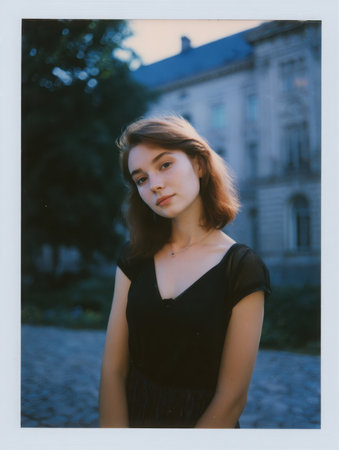 A youthful woman in a dark dress stands outside near a large building at dusk. She faces the camera, her expression is relaxed and calm. The building appears old.の素材