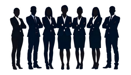 Silhouettes of seven confident business people wearing suits and ties are standing in a row against a white background with their arms crossed.の素材