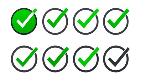 A row of eight circles, each containing a check mark. Most check marks are green, indicating positive affirmation. One check mark is gray.の素材