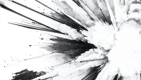 Abstract illustration showing dense black ink splattering outwards, creating sharp lines. White smoke emerges from the central burst, creating a strong contrast against the bright backdrop.の素材