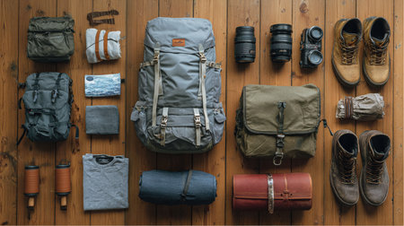 Various camping items are carefully arranged on a rustic wooden surface. Included are backpacks, camera lenses, footwear, sleeping bags, first aid, and other outdoor supplies.の素材