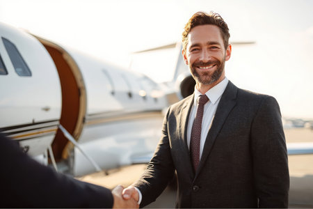 A happy, bearded businessman dressed in a suit is smiling as he shakes hands with someone in front of a private jet. The open jet door is visible in the background.の素材