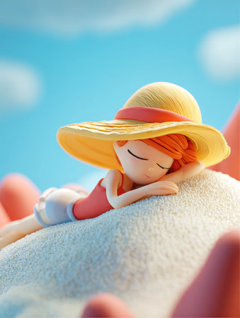 A cartoon girl wearing a yellow hat and red swimsuit is sleeping on a pile of white sand. The sky is blue in the background. The scene depicts a sunny day at the beach.の素材