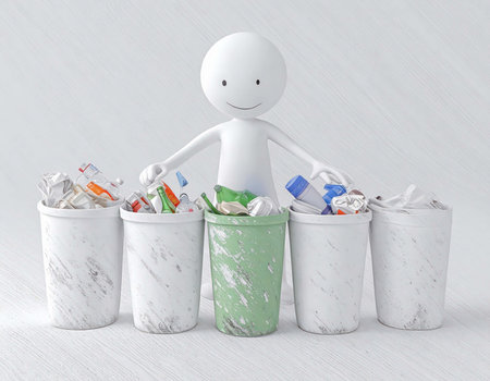 A 3d stick figure sorts trash into recycling bins. The recycling bins are marble white and green, and are overflowing with trash, including bottles, cans, and paper.の素材