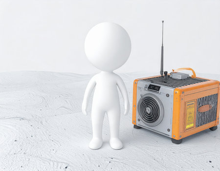 A humanoid figure stands still beside a mechanical device with an antenna. The setting is minimalistic, showcasing a white background with a touch of modern technology.の素材