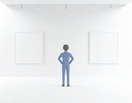 A 3D humanoid figure stands in a bright, spacious art gallery. The walls are white, and two empty frames hang, suggesting an invitation to imagination and interpretation.の素材