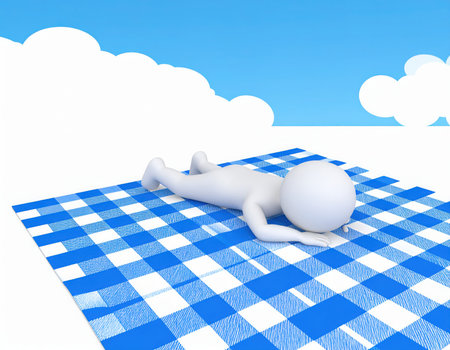 A 3D humanoid character is flat on a blue checkered blanket. The scene is set outdoors, showcasing a bright sky with fluffy clouds, creating a calm, relaxing atmosphere.の素材