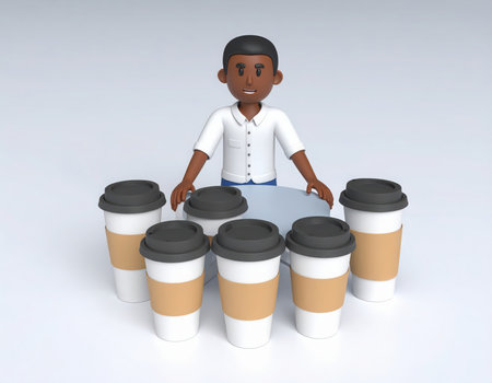 A 3D humanoid figure stands behind a round table filled with coffee cups. The character smiles, ready to serve coffee drinks in a cozy atmosphere, inviting patrons to enjoy their beverage.の素材