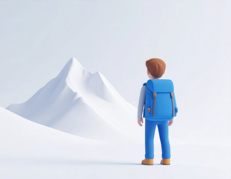A humanoid character stands on a snowy terrain, gazing at a distant mountain peak. The figure wears a blue backpack and admires the serene winter landscape under a clear sky.の素材