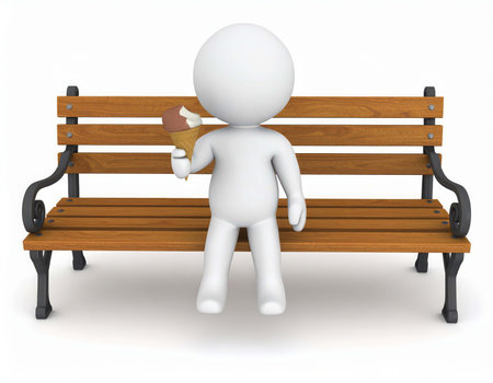 A three-dimensional cartoon figure sits on a wooden bench. He is eating a tasty ice cream cone. The figure is white and featureless, with a round head. The background is plain white.の素材