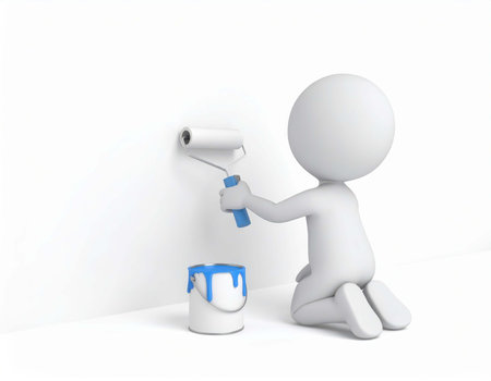 A 3d stick figure is kneeling on the floor, painting a white wall using a paint roller. A paint can with blue paint is also present, sitting near the stick figure.の素材