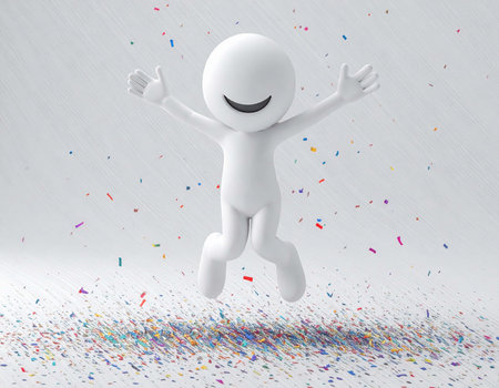 A minimalist, white, 3d rendered figure is shown jumping with arms raised in the air. Multicolored confetti is scattered on the floor beneath the figure and falling around them.の素材