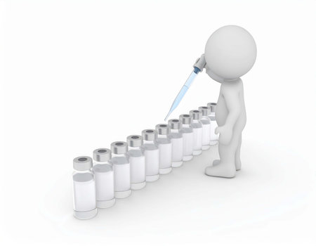 A 3d human figure is shown using a pipette to dispense liquid into small glass bottles arranged in a row. The bottles appear to be in a laboratory setting, likely for scientific research.の素材
