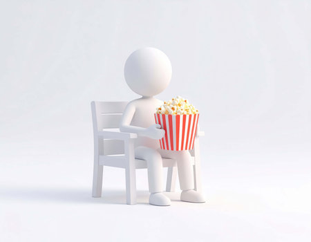 A simple, white 3d rendered human figure is seated in a white chair. The figure is holding a red and white striped bucket filled with popcorn. Background is plain white.の素材