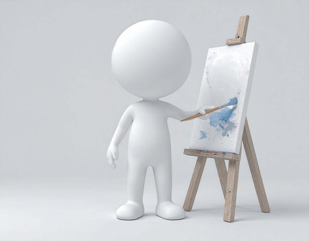 A white 3d humanoid figure stands in a studio, painting blue on a white canvas using a wooden easel. The minimalist figure is creating art, concentrating on the painting process.の素材
