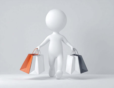 A white 3d human figure is walking forward. The person is carrying two shopping bags in each hand. The shopping bags are white, orange, and gray.の素材