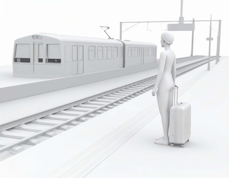 A 3d model woman with a suitcase stands on a train platform, waiting for the arrival of a train. The scene is rendered in a minimalist, all-white color scheme.の素材