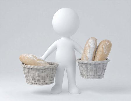 A 3d human figure stands on a white background, holding two baskets. Each basket is filled with fresh baguettes. The figure appears to be a baker or someone delivering bread.の素材
