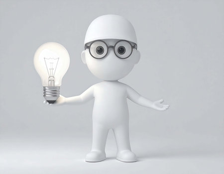 A small, entirely white, 3d human wearing glasses is holding a lit light bulb. One hand holds the bulb, the other is extended outward in a gesture of presenting the bright idea.の素材