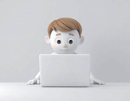A cartoonish 3d human character with brown hair sits at a desk using a white laptop computer. The background is a plain light gray, and the character looks focused.の素材