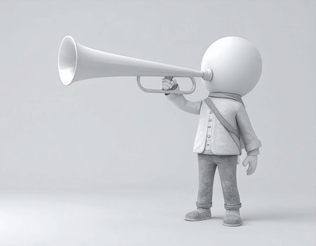 In a white studio, a 3d model of a man is shouting through a white megaphone. He is wearing a white jacket, scarf and carrying a satchel.の素材