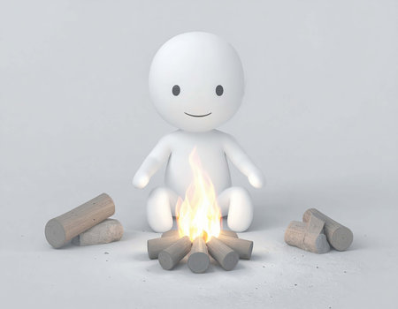A 3d render of a cartoonish human sits cross-legged, smiling, with a small campfire burning in front of it. Firewood sits on either side of the campfire on a plain, white background.の素材