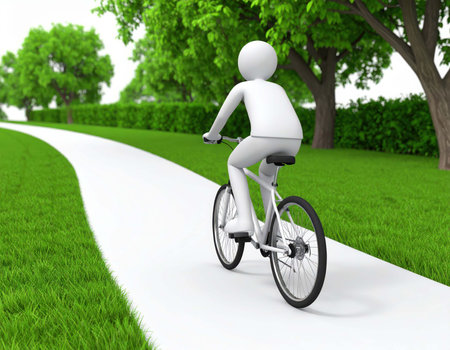 A generic, white 3d human figure rides a bicycle on a light gray path through green grass and trees. Sunlight brightens the day in what appears to be a park.の素材