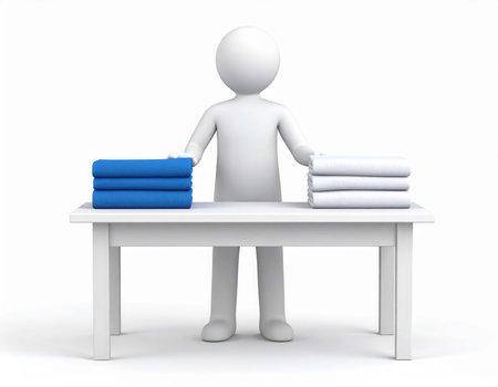 A 3d render displays a white human figure standing behind a white table. The figure is folding neatly stacked, crisp, blue and white towels on the tabletop against a white background.の素材