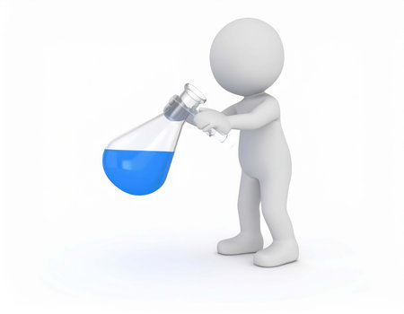 An all-white, 3d person stands holding a clear Erlenmeyer flask that contains a blue liquid. The background is plain white. The person is standing in a neutral position.の素材