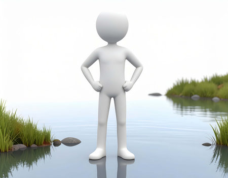 A 3d rendering shows a white, faceless human figure standing in a calm body of water. The figure's hands are on its hips. Grass and rocks are visible on the shore in the background.の素材