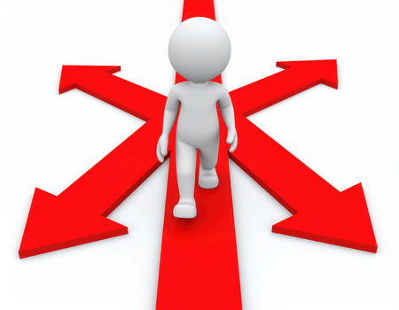 A 3d rendering shows a generic human figure walking on a red path. The path splits into three, creating a fork in the road with several directions to choose from.の素材