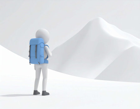 A 3D human figure with a blue backpack stands on a white surface looking at a white mountain range in the background. It's a minimalist, almost monochromatic representation.の素材