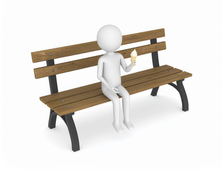 A plain white 3d human model sits on a light brown wooden park bench with black legs. The figure holds a yellow ice cream cone and appears to be enjoying the sweet treat.の素材