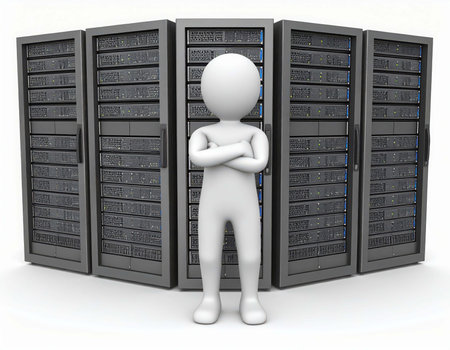 A simple, faceless 3d human character is posed with arms crossed in front of a row of five computer server racks. The servers stand tall and have multiple slots for various hardware.の素材