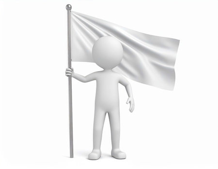 A simplistic 3d human character is standing upright and holding up a white flag on a pole. The background is a plain, bright white.の素材
