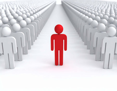 A solitary Red figure stands out prominently among rows of many identical White figures. The Red figure faces the viewer, creating a contrast with the uniform crowd.の素材