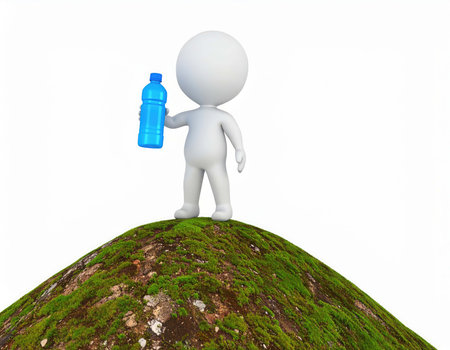 A 3d animated human character stands on a mossy hill. The character is white. The figure is holding a blue water bottle in its right hand, presented against a white background.の素材