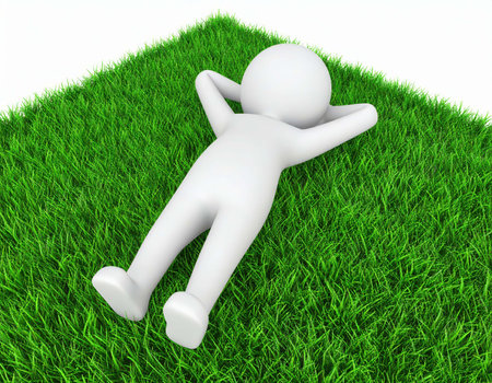 A white, 3d stick figure lays on a patch of green grass with hands behind its head. The figure appears to be relaxing and enjoying the bright sunny day.の素材