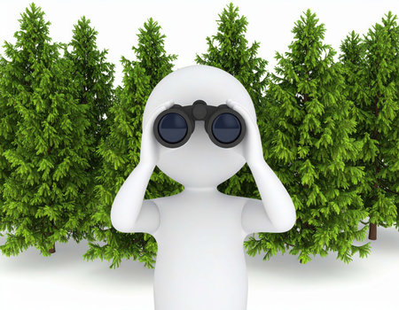 A 3d rendered white person holds binoculars to their eyes, appearing to look into the distance. The background shows several green pine trees, possibly in a Forest or Park.の素材