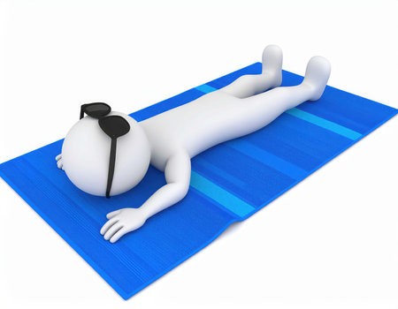 On a white background, a 3d human figure lies on a blue striped towel wearing sunglasses. The figure is lying on their back with their arms at their sides.の素材