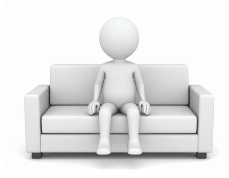 A 3D rendering of a featureless human figure is shown sitting straight on a modern white sofa in a bright, neutral, minimalist room. The person is facing forward.の素材