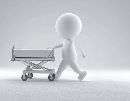 An all-white 3d rendered humanoid figure walks forward, pushing a hospital gurney along with it. The character is featureless, aside from its spherical head. The background is a plain white surface.の素材