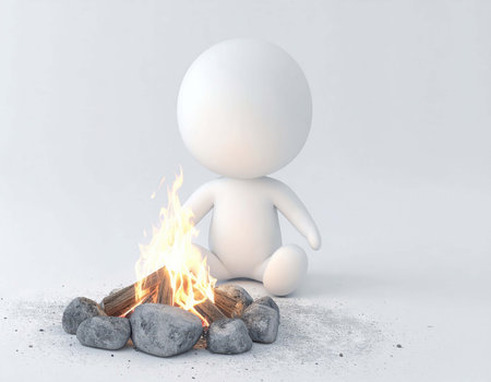 A small, white 3d human sits cross-legged on a light surface. A campfire burns brightly in front of them, surrounded by rocks. The background is a seamless, uniform white.の素材