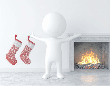 A white 3d person stands with arms outstretched, holding two red Christmas stockings on one side and a marble fireplace with a roaring fire on the other side in a white room.の素材