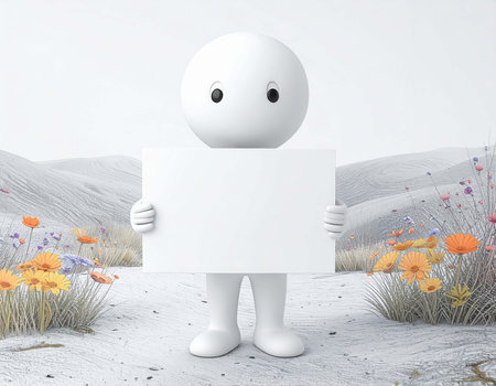 A 3d rendered humanoid figure with a spherical head and simple eyes holds a blank white sign. It stands on sandy ground with colorful flowers, with hills in the background under a bright sky.の素材